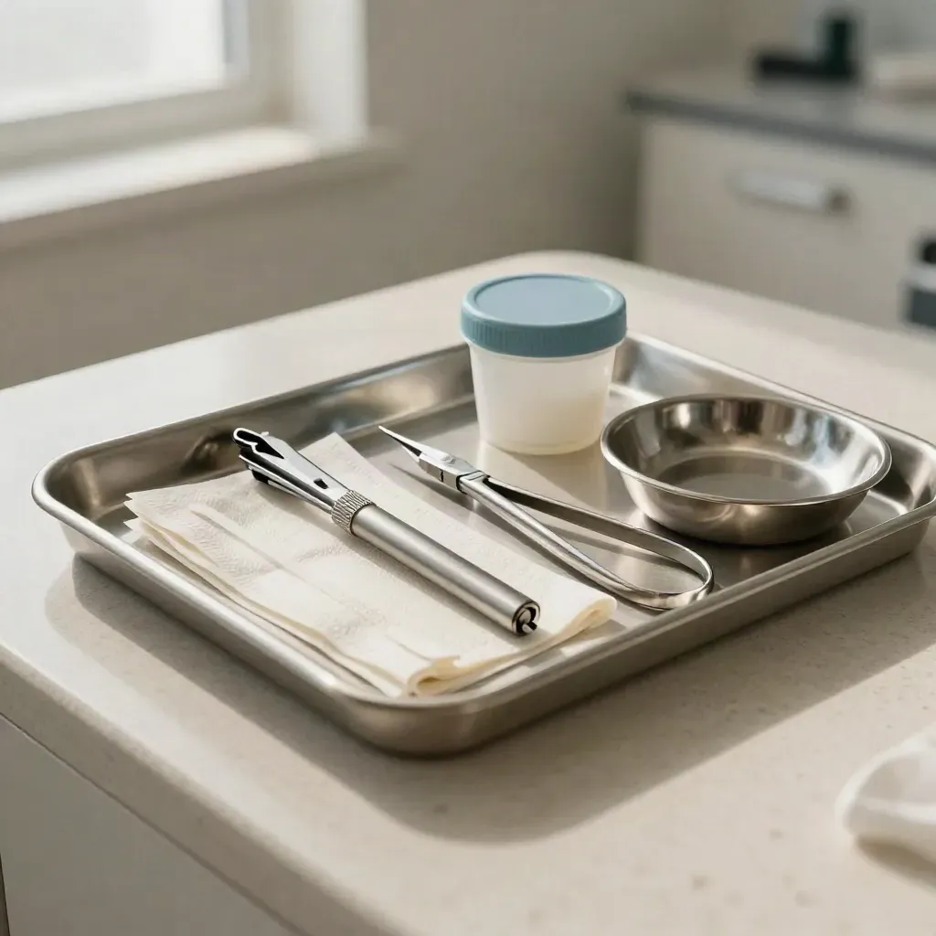 Dermatology tray with biopsy punch, swabs, forceps and a closed specimen cup on pale travertine.