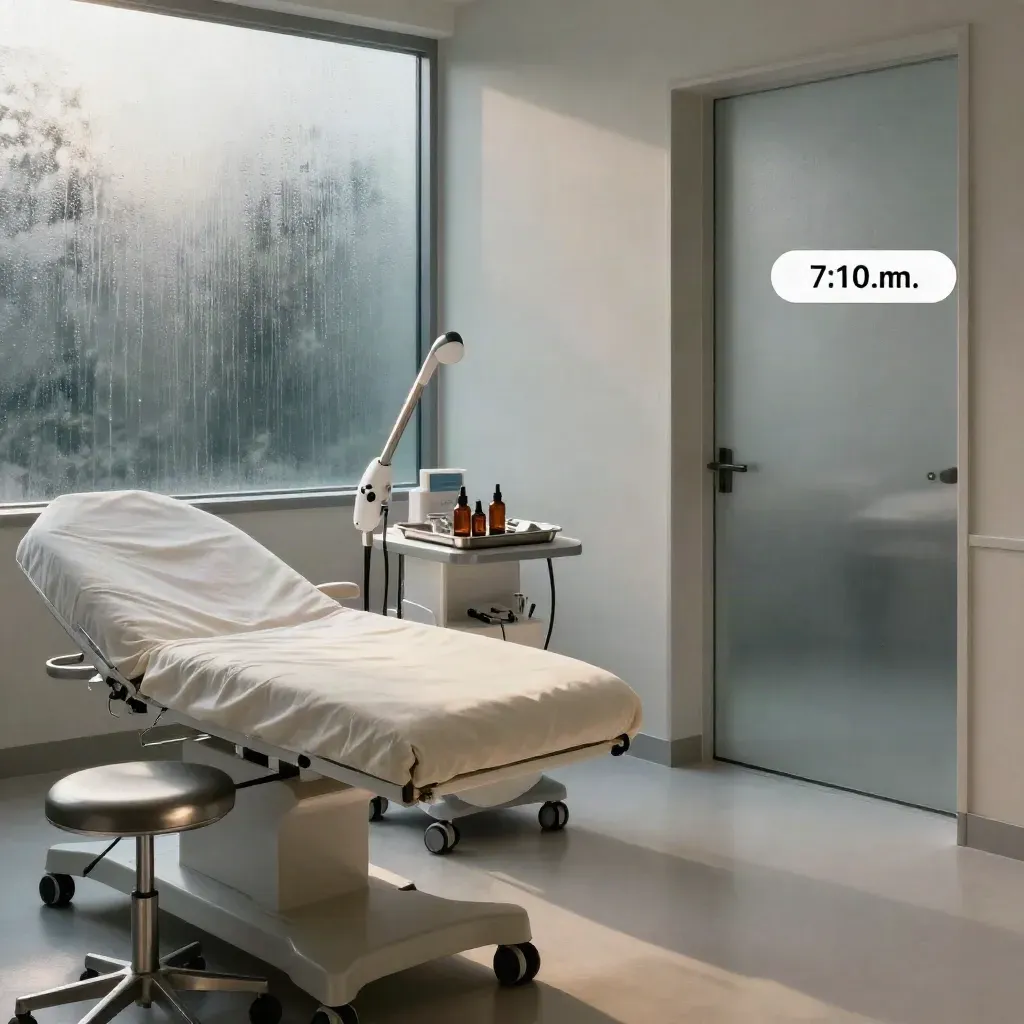 Dermatology suite with exam bed, laser console, serums, and frosted glass in moody morning light.
