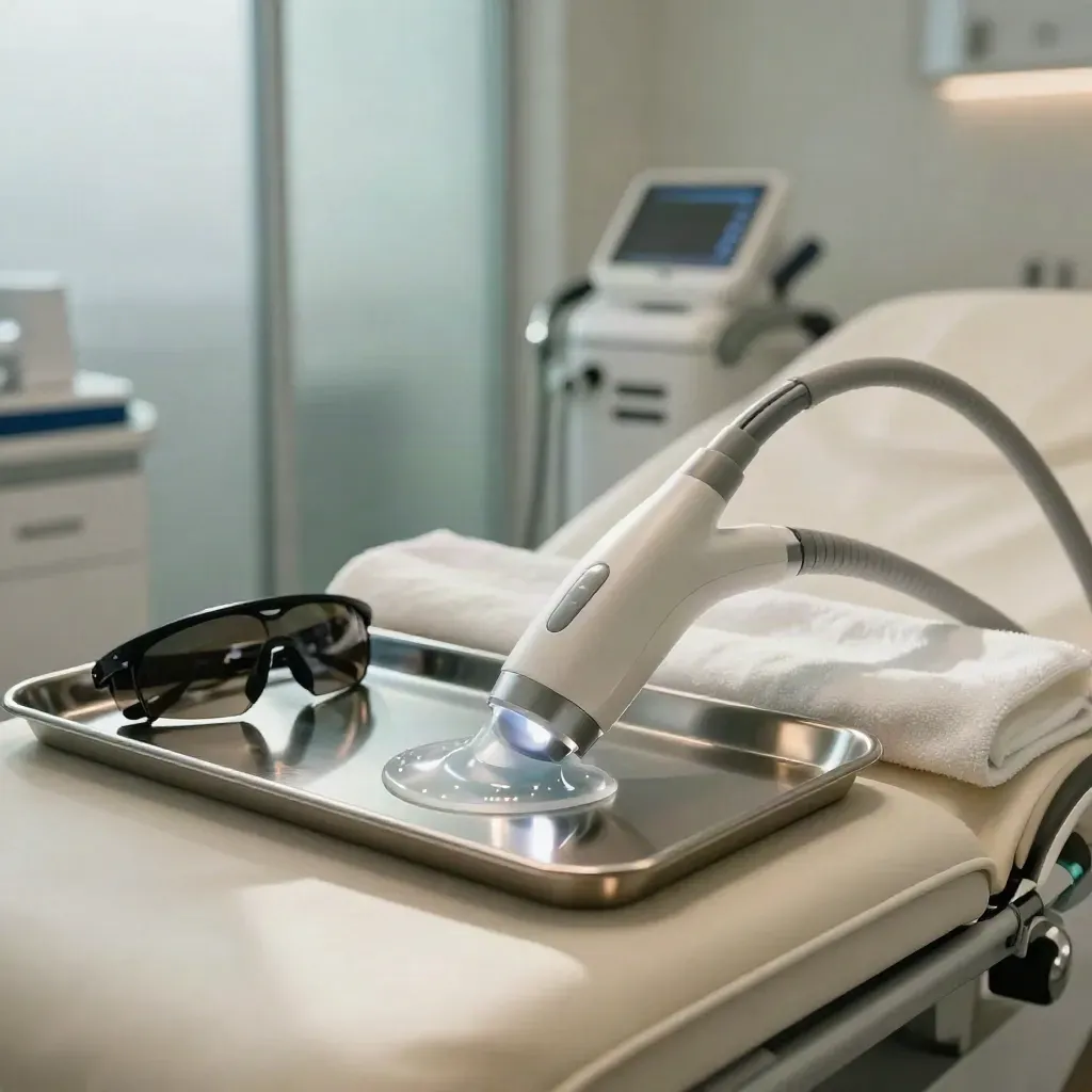 Laser handpiece, cooling gel, goggles and towels on a treatment bed in a moody clinic room.