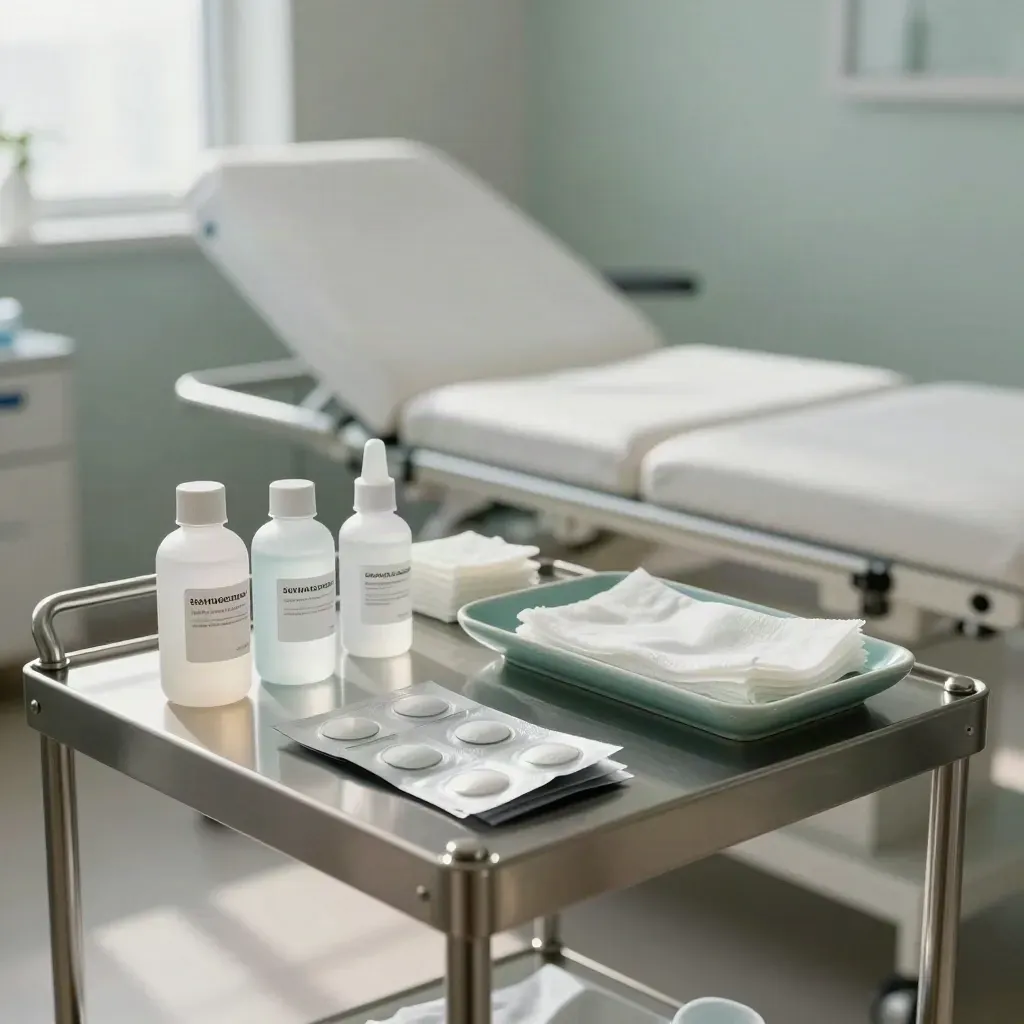 Acne care station with salicylic bottles, patch packs, gauze, and exam bed
