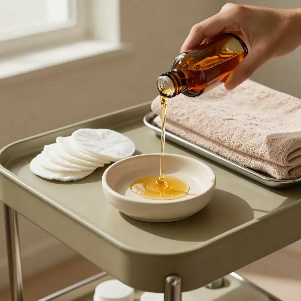Top-down spa cart with peel solution pouring into a ceramic dish beside cotton pads and a folded towel.