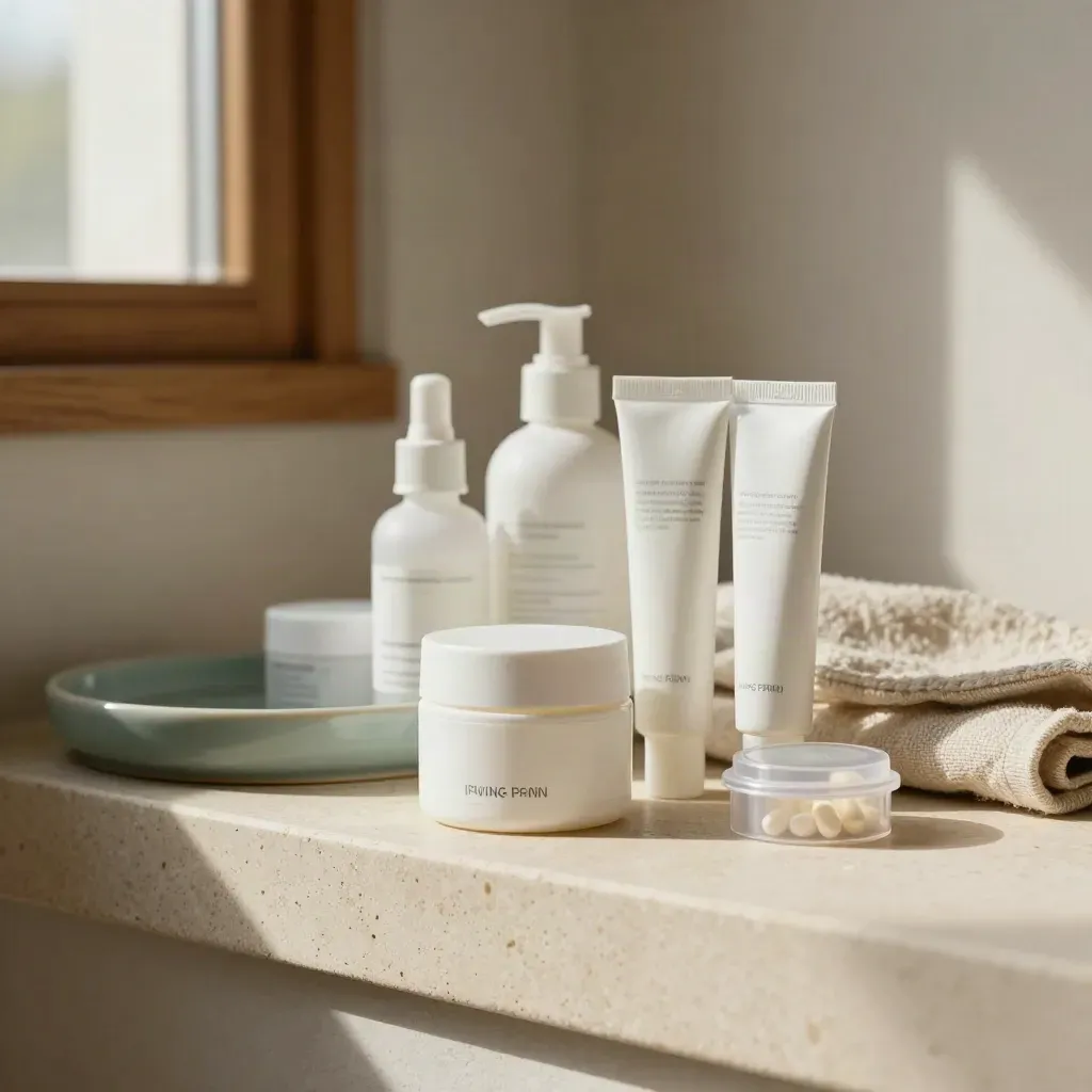 Prescription skincare bottles, cream jar, tubes, and pill organizer on a warm bathroom shelf