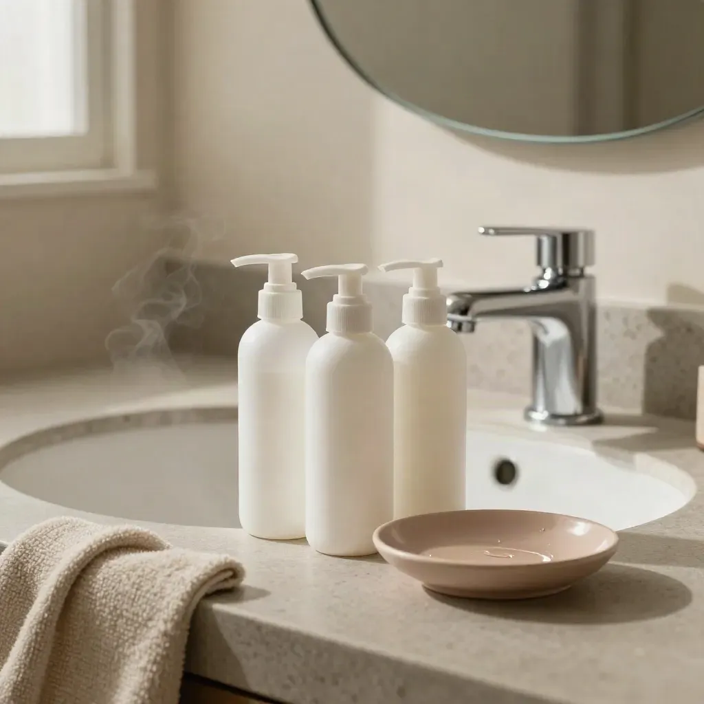 Three acne skincare products beside a sink with steam and a blush dish on a cozy vanity.
