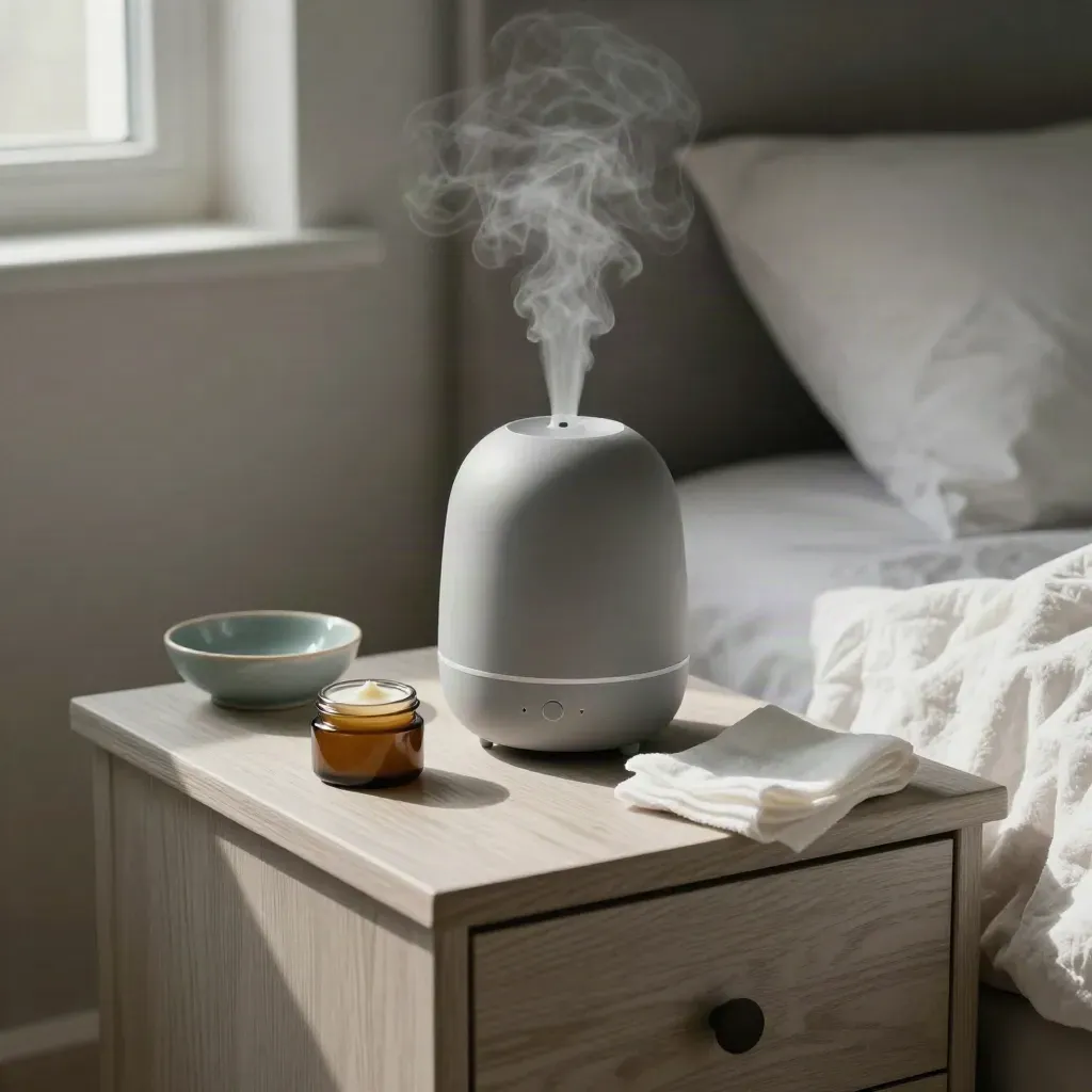Bedside eczema care setup with humidifier, ointment jar, gauze and folded blanket.