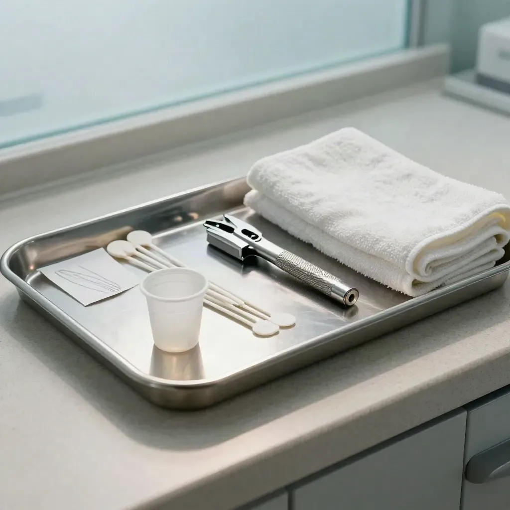 Dermatology tray with specimen cup, swabs, biopsy punch and folded towel on a clinic counter.