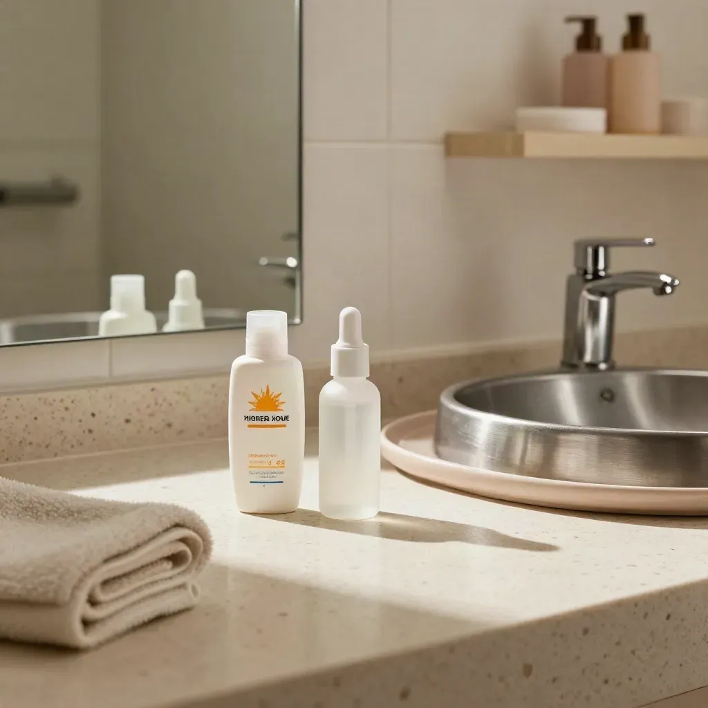 Moody bathroom counter with sunscreen, serum, towel, and mirror reflection.