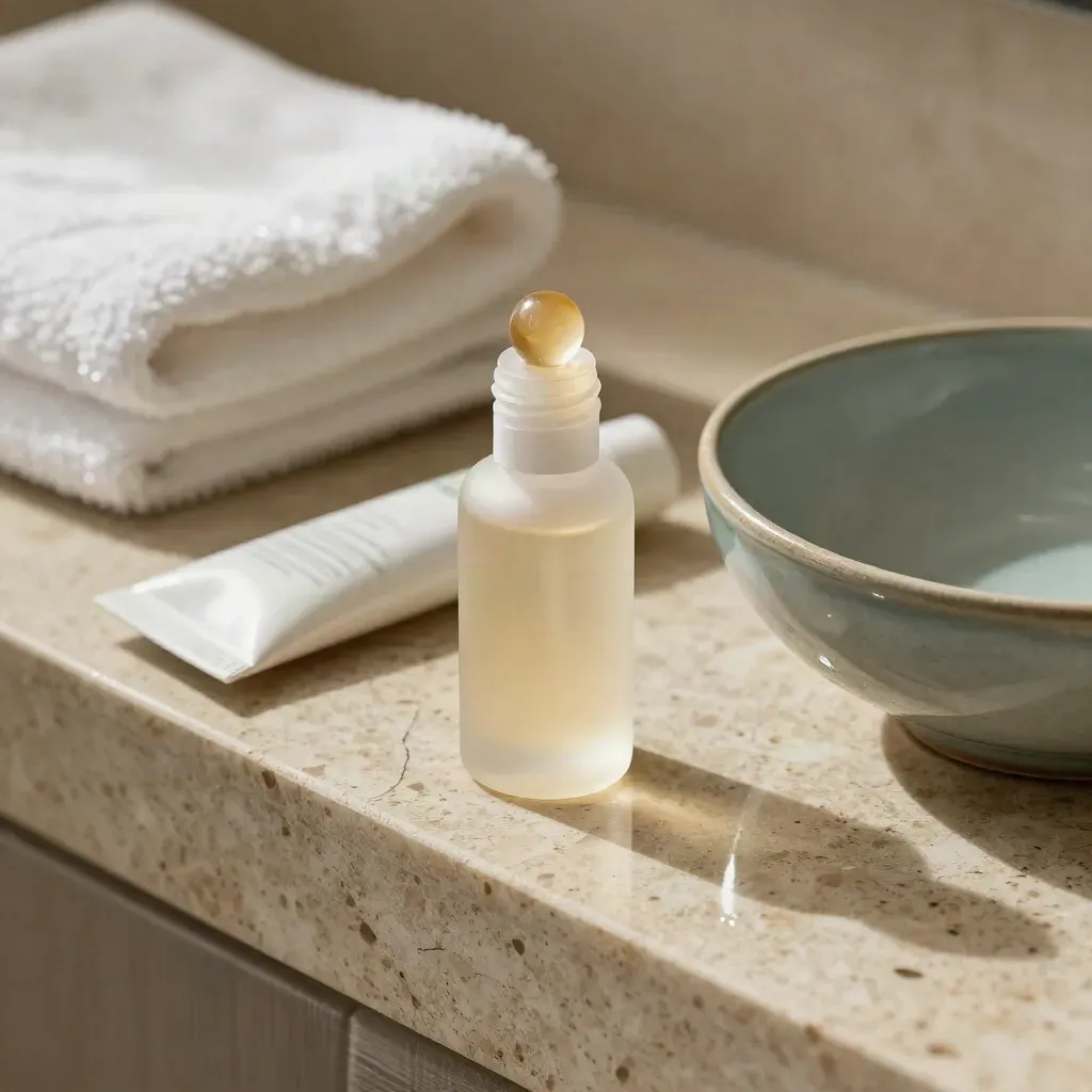 Macro vanity still life with peel serum, cleanser, towel and ceramic bowl on travertine.