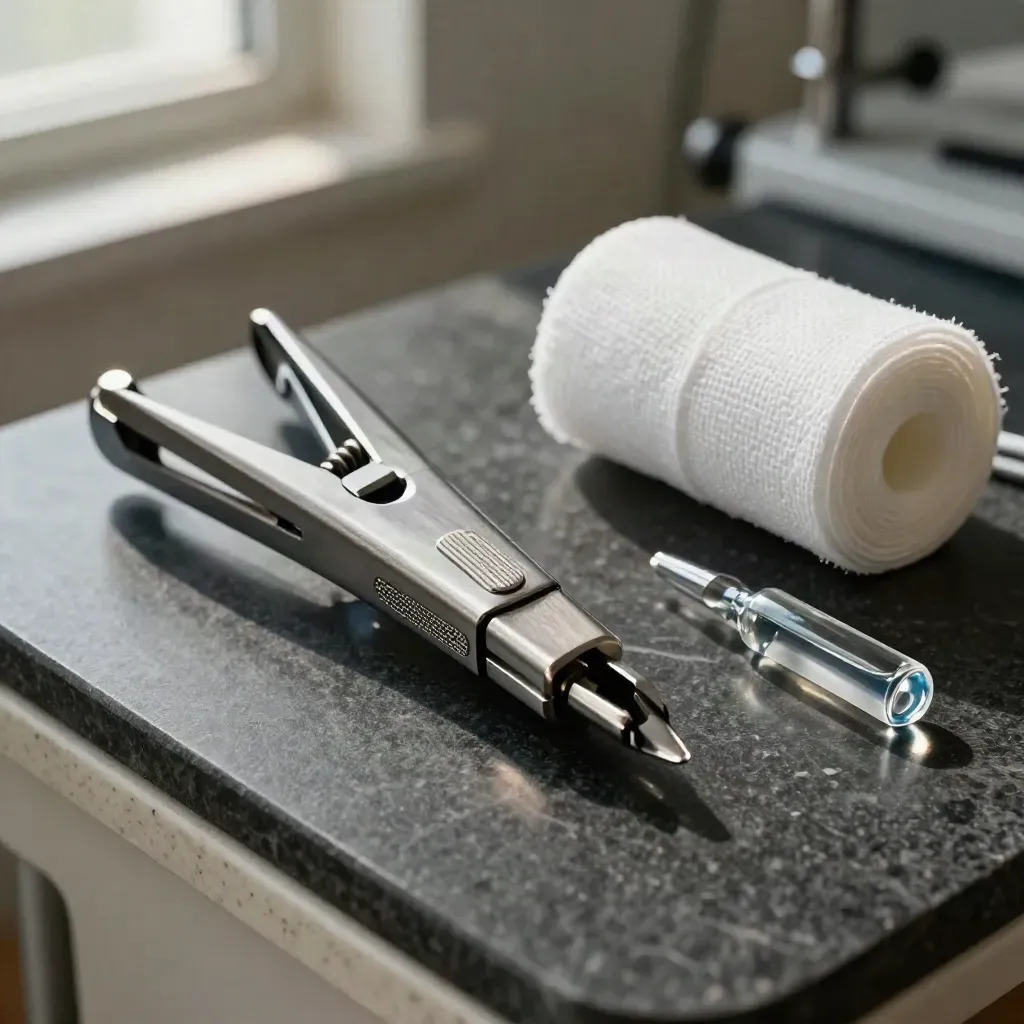 Dermatology tools on dark stone: biopsy punch, forceps, gauze roll and cobalt dropper.