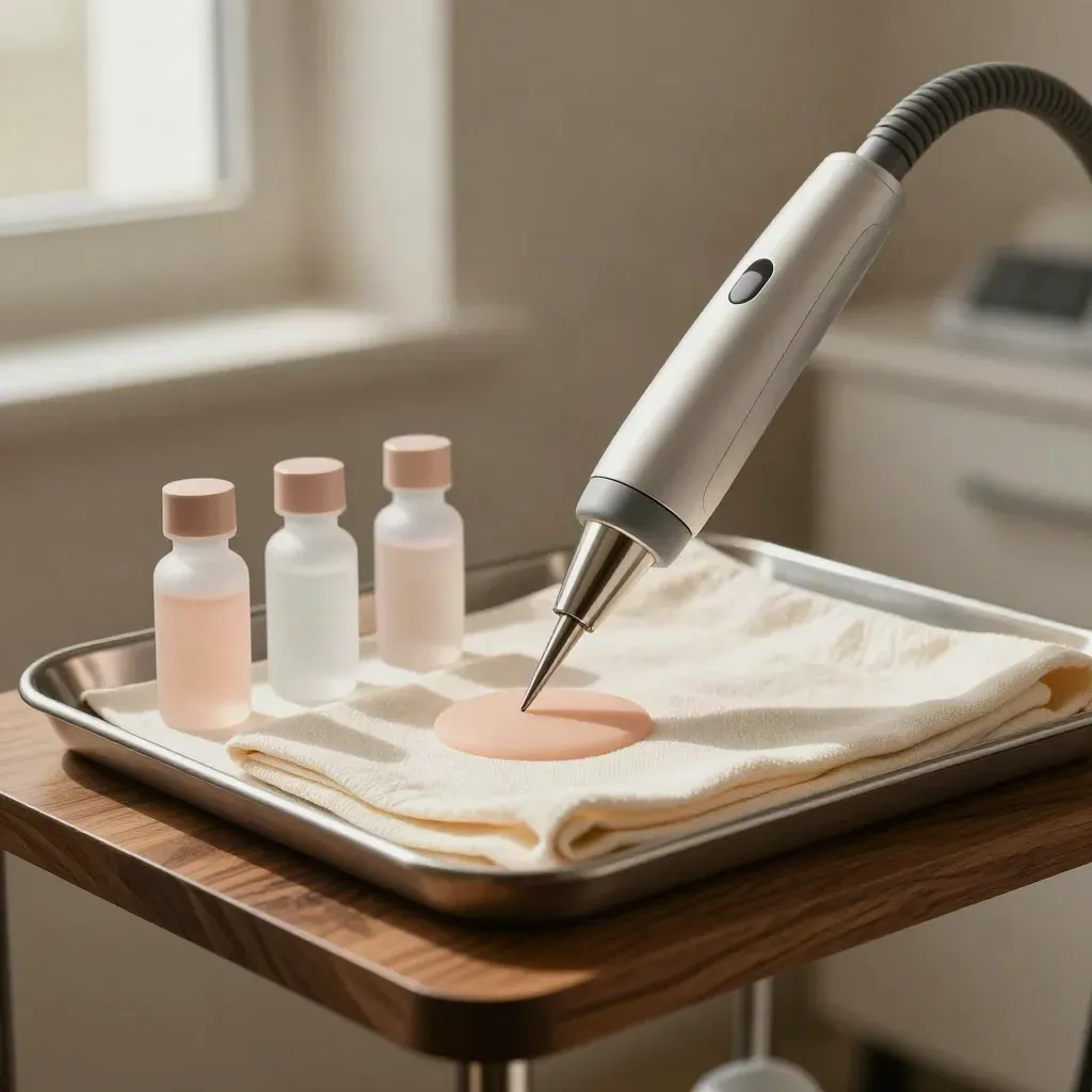 Laser prep still life with tip guard, cooling pad, serum vials, and metal tray on linen.