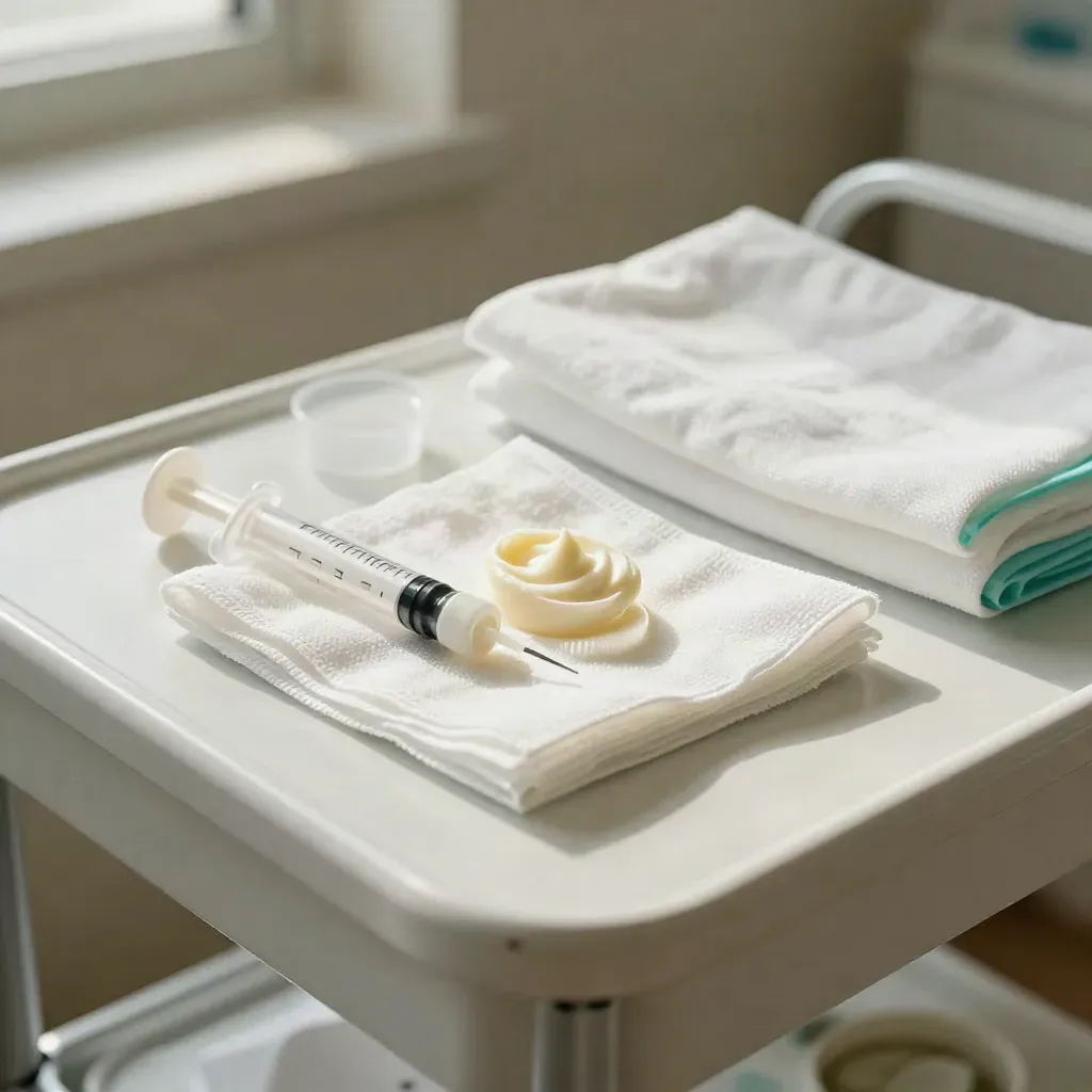 Macro still life of syringe caps, gauze, ointment cups, and a folded cloth on a utility cart.