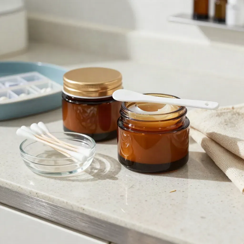 Amber cream jars, swabs, and pill organizer on a clean dermatology counter in soft daylight.