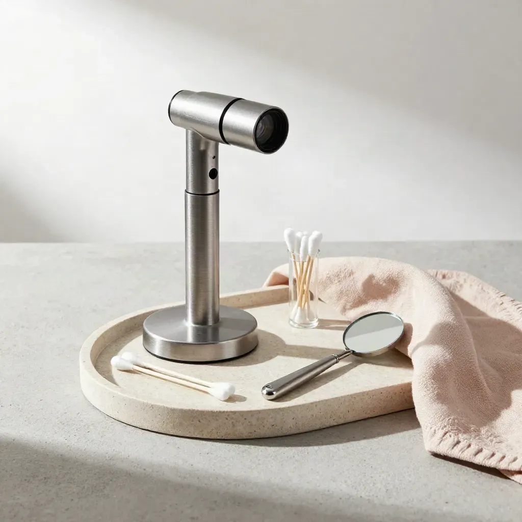 Clean dermatology review tools arranged on a stone tray with a blush cloth