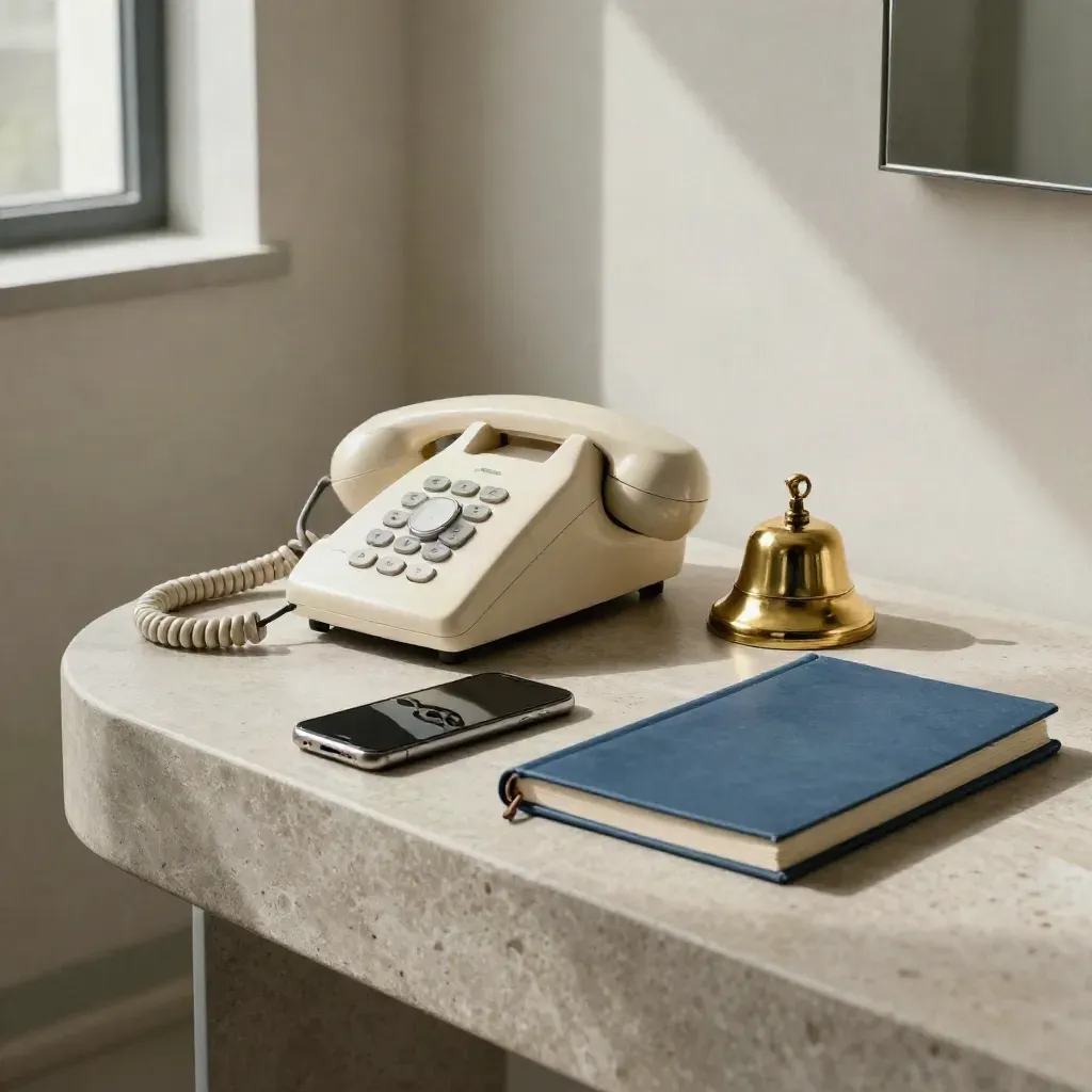 Corded phone, smartphone, bell, and notebook on a stone clinic side table.