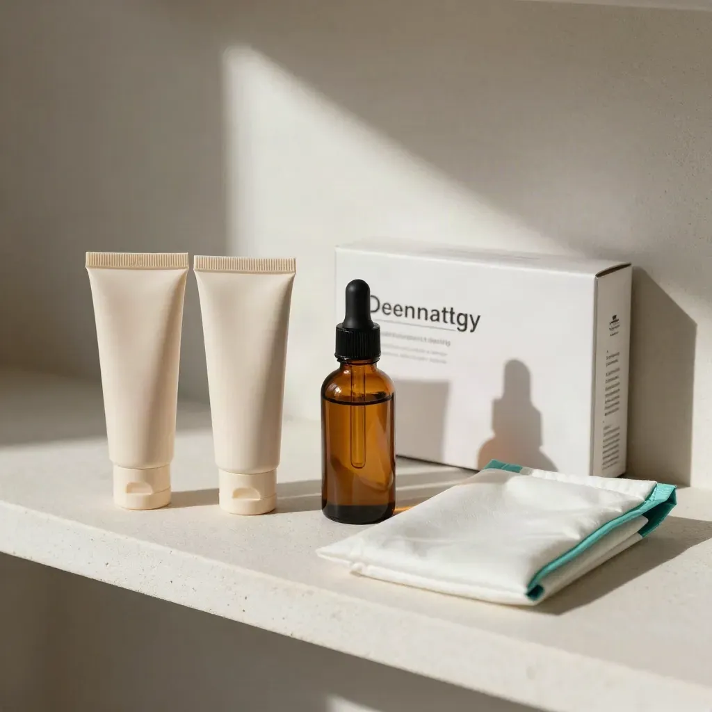 Overhead flatlay of a packed skin care starter kit on a white shelf.