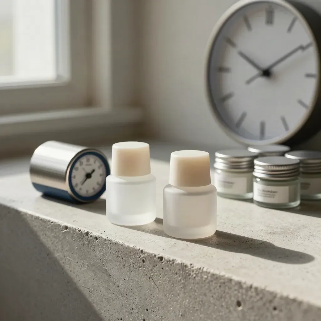 Frosted refill containers, sample jars, and a wall clock on a stone vanity ledge.