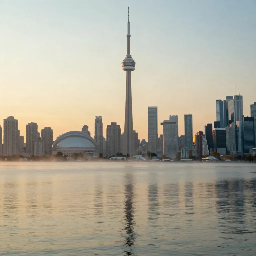 CN Tower over hazy Toronto lakefront at golden hour, calm water and warm skyline