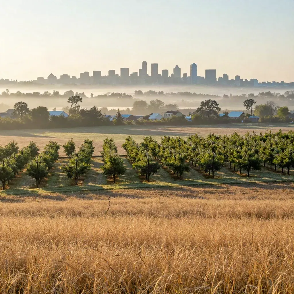 Orchard rows and a hazy skyline over York Region fields at dawn