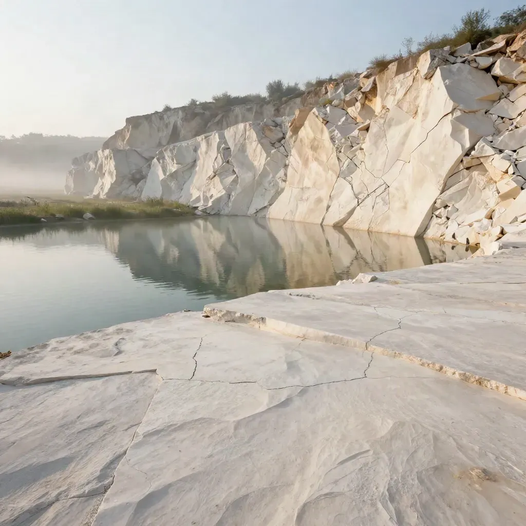 Limestone quarry edge above still water and mist, with pale stone strata and open copy space below