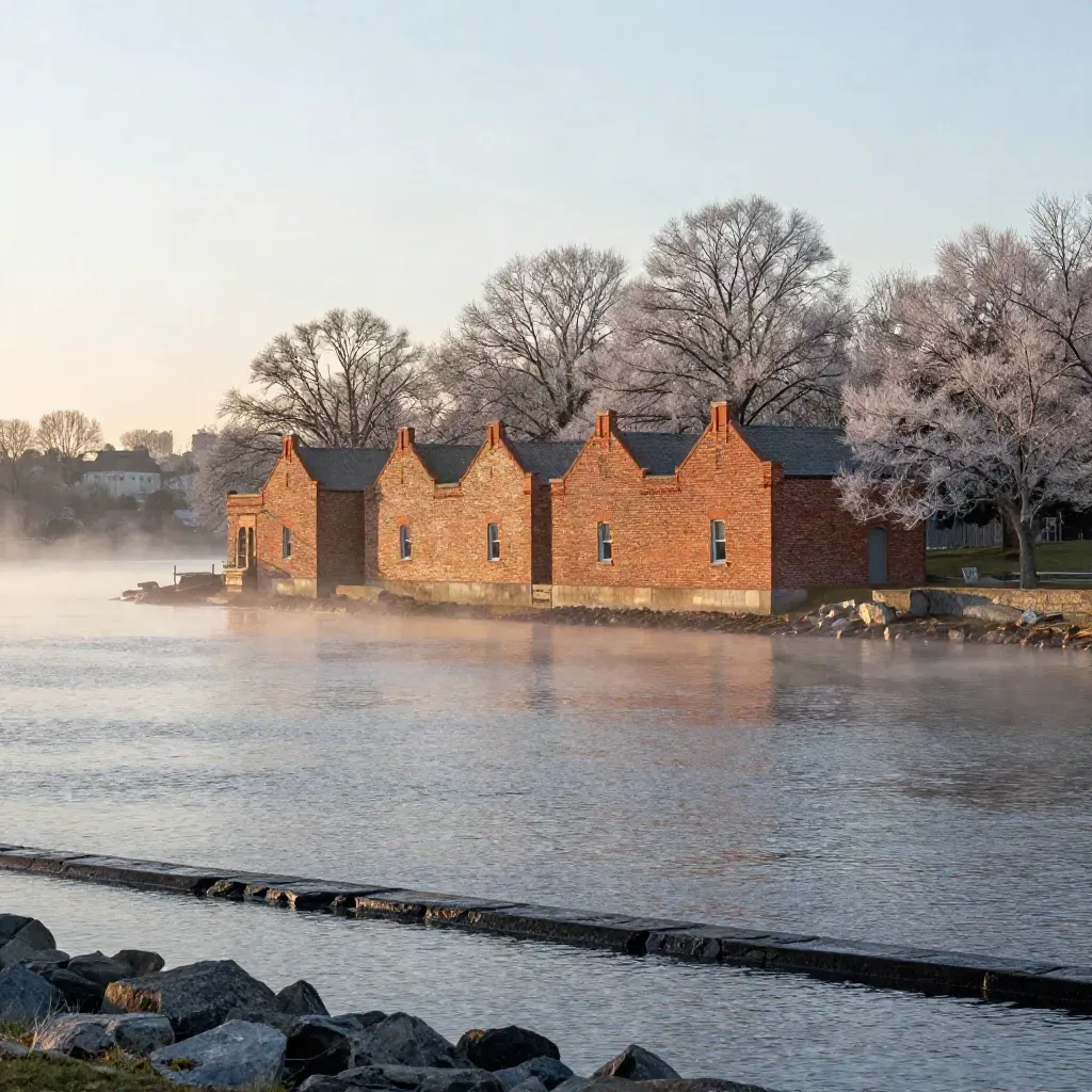 Durham Region waterfront with brick silhouette, winter trees, open water, and warm haze.
